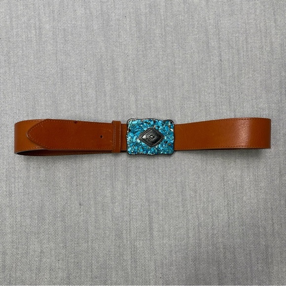 Avignon Vintage Turquoise Pebbles and Metal Large Buckle Leather Belt - Picture 2 of 10